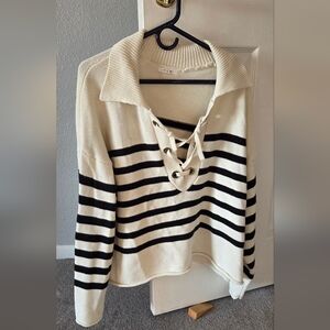 Maurices Black and Cream Lace-Up V-Neck Sweater